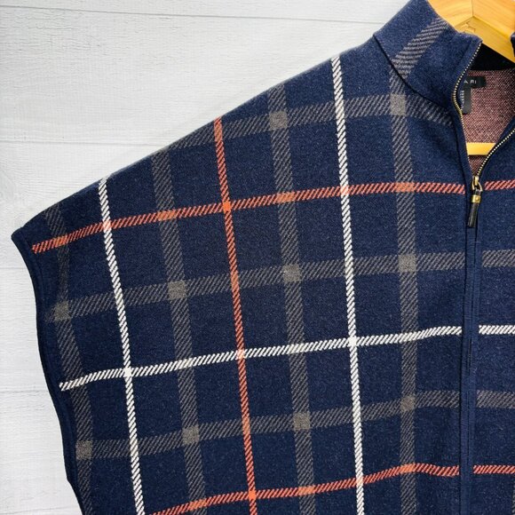 Tahari Plaid Zip Front Poncho Cape Sweater Knit Navy Multicolor Women’s S/M - Picture 3 of 15